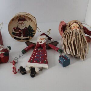 Lot of 5 Santa Christmas Ornaments Wood, Paper Mache, Silvestri
